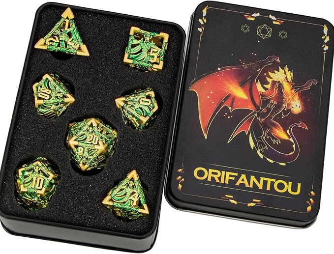 Hollow DND Dice Set Metal Wizard Dice with Box, 7pcs Green Polyhedral D and D Dice for use with D&D RPG Tabletop Games Role Playing Game