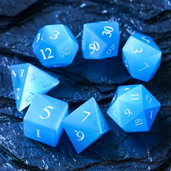 UDIXI Gemstone DND Dice Set 7PCS Stone D&D Polyhedral Dice for Dungeons and Dragons Table Games (Blue Cat's Eye)