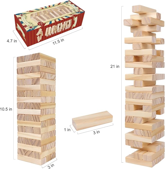 GOTHINK Tumble Tower Game for Kids and Adults, 54pcs Wooden Board Stacking Game for Family Games Night, Classical Wood Blocks Game, Standard Size