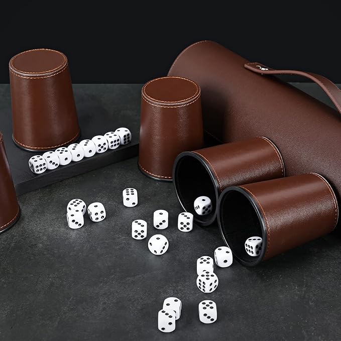 2 Set Leather Dice Cup Set, 10x Dice Cups + 50 Dice + Exclusive Storage and Transport Case Made of Faux (2 Pack Brown)