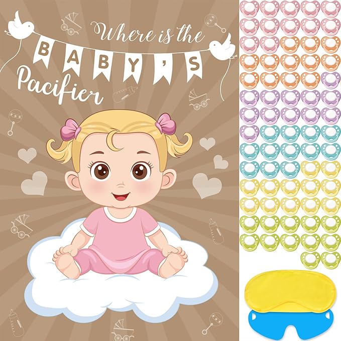 Hooqict Pin The Pacifier on The Baby Game Funny Baby Shower Games for Girls Birthday Party Activities, Large Pin The Dummy Poster with 72 Pacifier Stickers