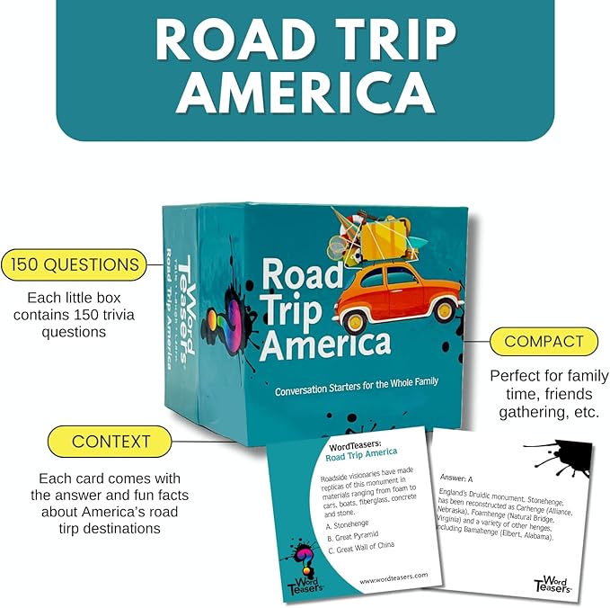 ? WORD TEASERS Road Trip America - Road Trip Game & Conversation Starter - Family Trivia Game About Places to Visit in The United States - Conversation Cards/Travel Car Games - 150 Questions