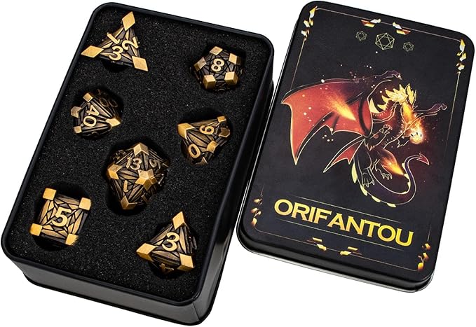 7PCS Metal DND Dice Set with Box, Debris RPG Red D and D Dice for use with D&D Tabletop Games Role Playing Game Polyhedral Dice Set D20 D12 D10 D8 D6 D4