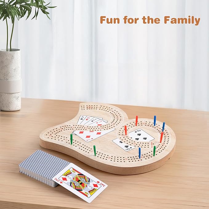 Wooden 3-Track Cribbage Board Game - Classic Board for 3 Players with Plastic Pegs - Ideal Family Game for Kids and Adults