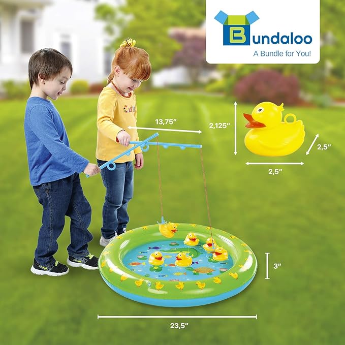 Bundaloo Duck Fishing Game Contest - Fun Carnival Game and Outdoor Party Toy for Kids - Inflatable Pond, 2 Rope Fishing Poles With Hooks, 6 Floating Ducks