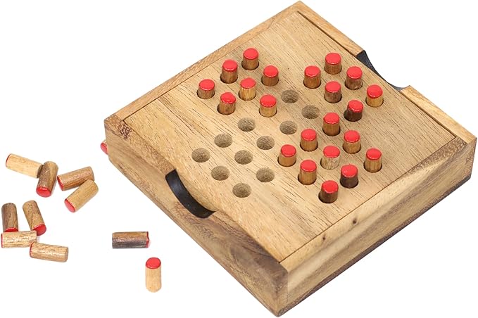 Wood Solitaire Game Classic Peg Solitaire Board Premium Wooden Design Single Player Brain Teaser Strategy Puzzle for Brain Training Tabletop Indoor (Jump All but one)