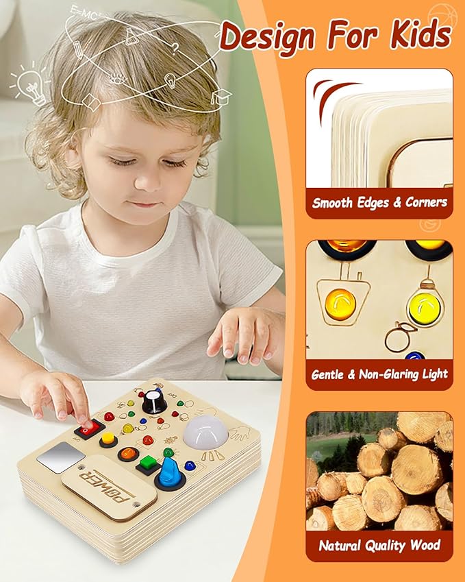 Busy Board Montessori Toy for Toddler, Wooden Sensory Activity Board with LED Light UP Switch, Baby Fidget Board Travel Toys for 18+ Months, 1 2 3 Year Old Boys Girls Toddler Toys Gifts
