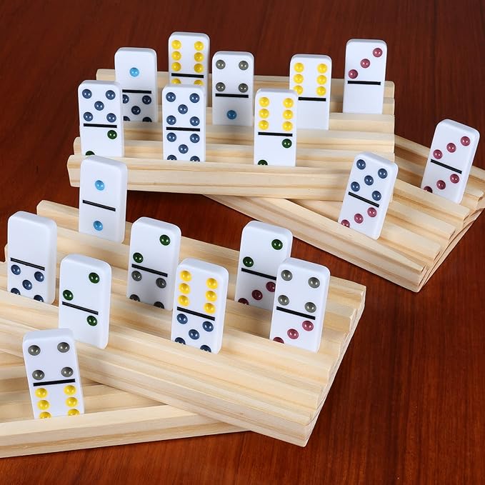GOTHINK Dominoes Set for Adults with 4 Wooden Trays/Racks, Double 6 Dominoes Set Travel Set with 4 Tiles Holders, 28 Tile Colored Dot Dominos in Tin Box Classic Family Board Games for 2-4 Players