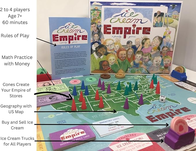 Ice Cream Empire Board Game | Fun Entrepreneurial Game for Families, Adults and Kids 7+ | Learn Business, Geography, and Math Skills | Competitive, Strategic, and Educational Game