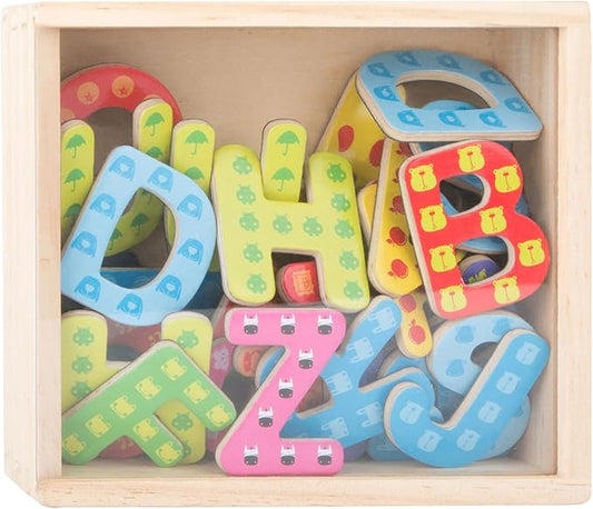 Wooden Toys, Colorful Wooden Magnetic Letters in A Travel Box 37 Piece for Learning The Alphabet & Spelling First Words Educational Toy Designed for Ages 3+, Multi, Standard Size