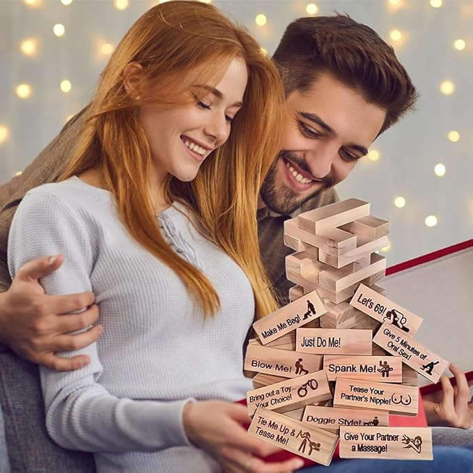 Lust Tower - 48Pcs Super Naughty Block Tower Game, CouplesAdults Valentine Tumbling Tower Stacking Blocks Game, Stacking Wooden Blocke for Grown Ups (1 Set)