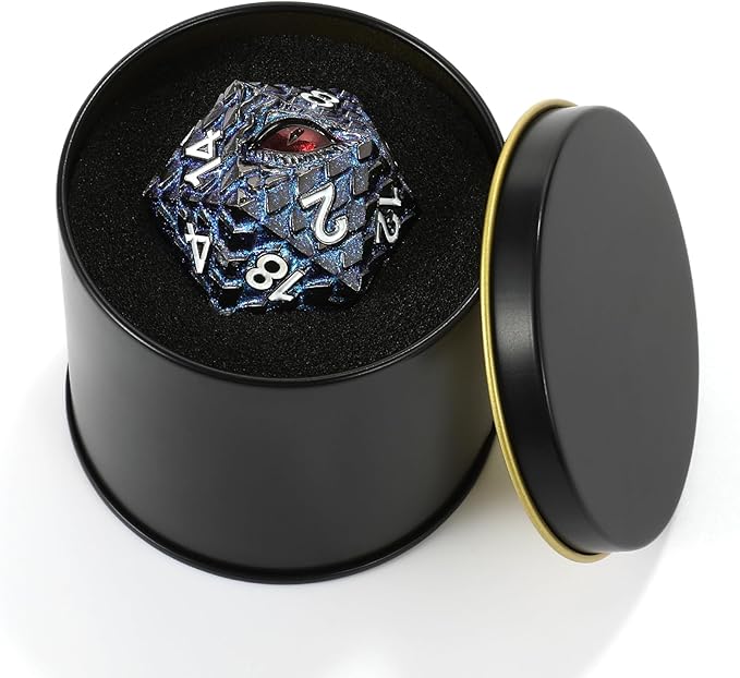 Dragon Eye Scale DND Metal Dice,33mm 20 Sided Giant D20, Large Polyhedral Dice, D&D Metal Dice Set for Dungeons and Dragons, RPG, MTG & Tabletop Games(Glitter Blue with Red Eye)