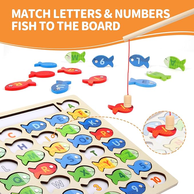 Wooden Magnetic Fishing Game for Toddlers, Montessori Fine Motor Skills Toy with Letters and Numbers, Preschool Learning ABC and Puzzle Educational Toys Gift for 3 4 5+ Year Old Kids(2 Poles)