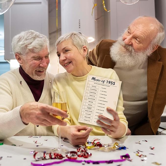 QUPT 70th Birthday Party Games, Music of 1955 Trivia, Pack of 30 Cards for Adults, Ages 216+
