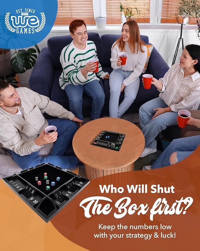 WE Games Shut The Box Wooden Board Game - Classic 4-Player Table Top Math Dice Game, Black Stained Wood, 8.5 in. Travel Size, 10 Numbers, for Families and Adults