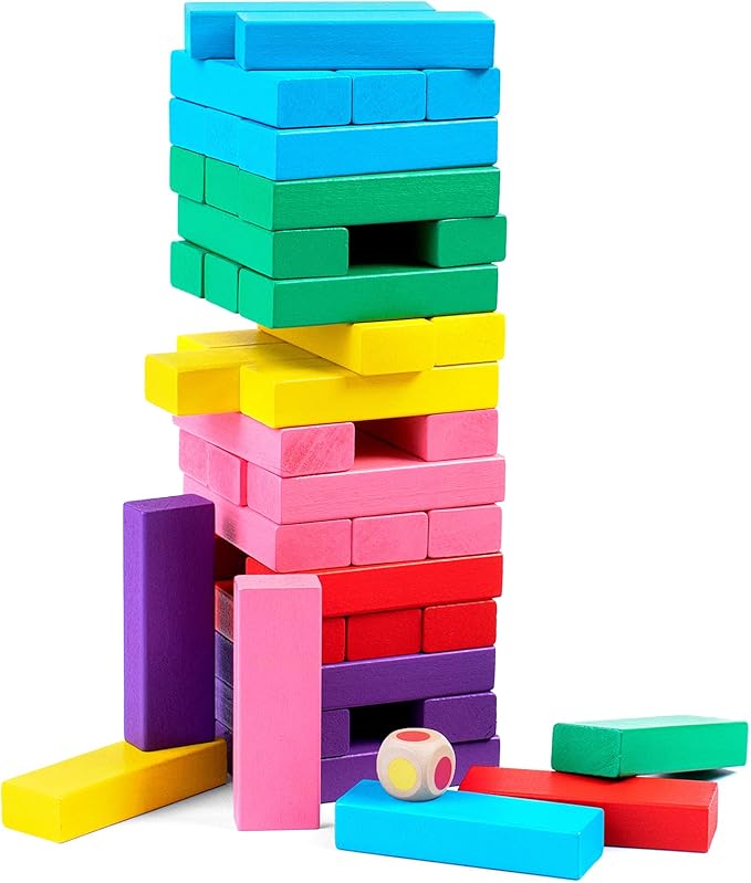 Stacking Board Game,Colored Wooden Stacking Game,48PCS Tumble Tower With Dice,Colorful Stacking Block Party Game,Educational Stacking Building Blocks For Kids,Stacking Gifts Set For Boys Girls Adults