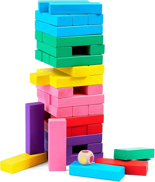 Stacking Board Game,Colored Wooden Stacking Game,48PCS Tumble Tower With Dice,Colorful Stacking Block Party Game,Educational Stacking Building Blocks For Kids,Stacking Gifts Set For Boys Girls Adults