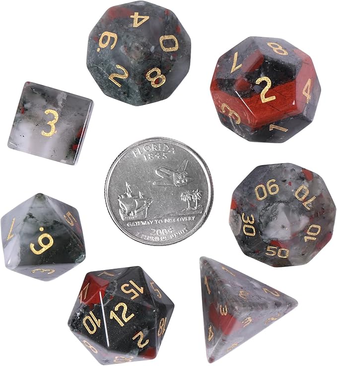 TUMBEELLUWA Engraved Crystal Stone Polyhedral Dice Set for RPG MTG Dungeons and Dragons Table Game 7 Pieces DND Board Game Dices with Pouch, Africa Blood Stone