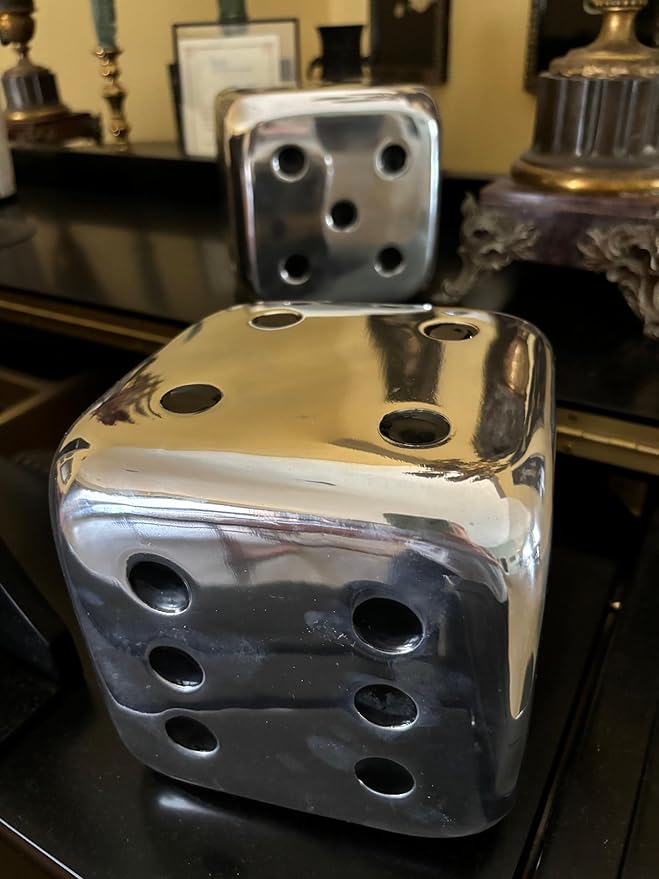 Modern Day Accents 4104 Dados Decorative Dice, Silver with Black Dots, Vegas Decor, Man Cave, Bar Decor Tabletop, Centerpiece, Sculpture, 6", Set of 2