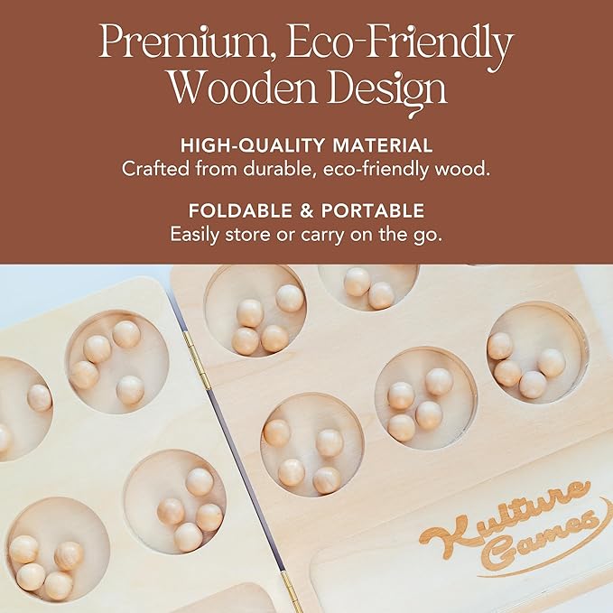 Kulture Games 2-in-1 Mancala Tic Tac Toe Board Game Set – Wooden Folding Mancala Game for All Ages – Portable, Aesthetic Design – Strategic Family Game Set for Travel, Kids, and Adults