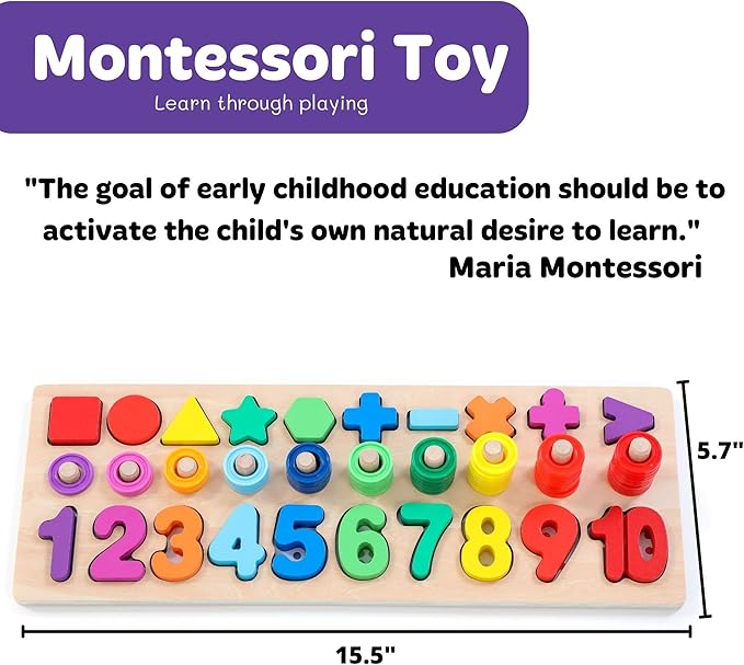 Wooden Montessori Toys for Kids Toddler Number Puzzles Sorter Counting Shape Stacker Stacking Game Preschool Toys for Boy Girl Learning Education Math Blocks 1 Year Old Girl Gifts (Rainbow)