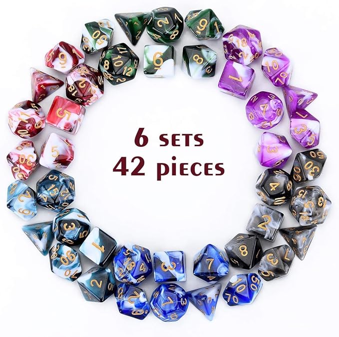 FLASHOWL Polyhedral Dice Set Table Games Dice Pressure Remove 6 Sets Dice 6 x 7 Die Series D20, D12, D10, D8, D6, D4 DND dice DND RPG MTG Double Colors One Piece, 6 Sets with 6 Colors (42 Pieces)