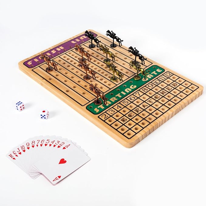 Horse Race Board Game, Horse Racing Board Game with 11 Luxury Metal Horses, 4 Dice, 2 Boxes of Cards, and Thickened Wood Horse Race Game Board