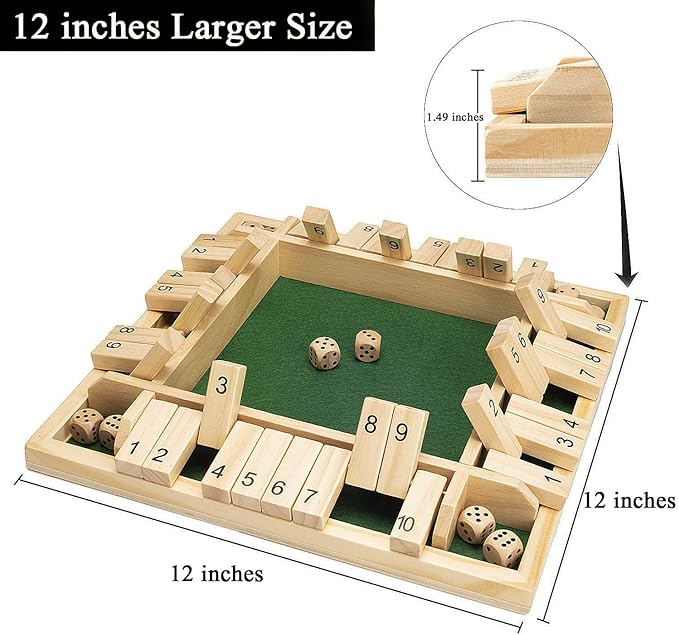 AMEROUS 12 Inches Shut The Box Family Game (1-4 Players), 4 Sided Large Wooden Number Dice Board Game with 12 Dices and Shut The Box Rules for Kids, Adults