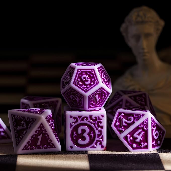 7-Die DND Dice Set New Pattern Polyhedral Dice Set with Leather Bag D&D Dice Set for Dungeons and Dragons RPG MTG Table Games(White Purple)