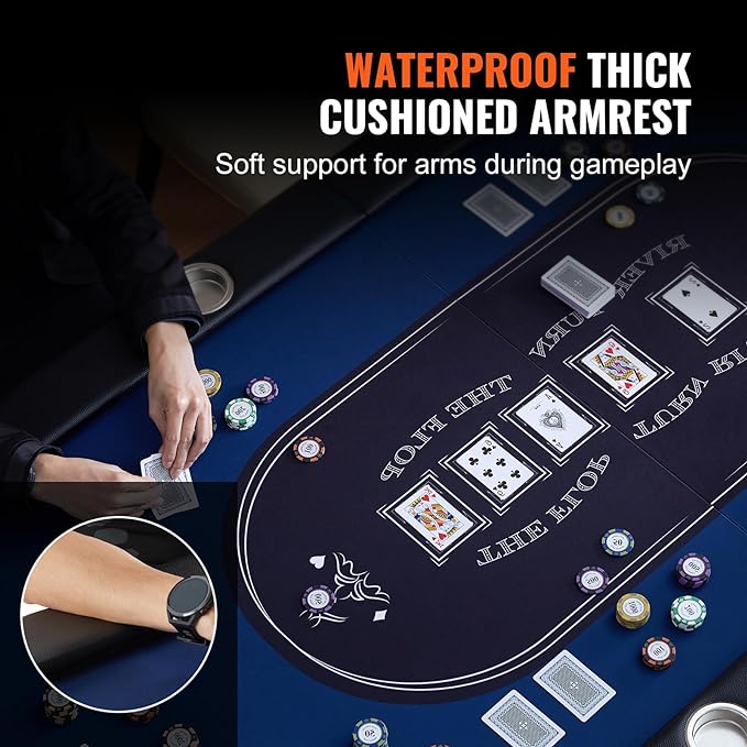 VEVOR Foldable Poker Table for 8 Player, Blackjack Texas Holdem Table with Padded Rails and Stainless Steel Cup Holders, 72" Oval Casino Leisure Table,Blue,Portable Folding Card Board Game Table