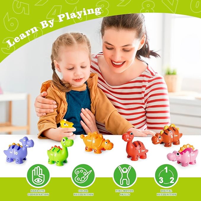 20 PCS Dinosaur Number Learning Toys for Toddlers 2-4, 10 Different Dinosaur Figures, Double Sided Number Matching Game, Preschool Activities Montessori Fine Motor Toys for Toddlers Kids