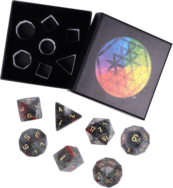TUMBEELLUWA Engraved Crystal Stone Polyhedral Dice Set for RPG MTG Dungeons and Dragons Table Game 7 Pieces DND Board Game Dices with Pouch, Africa Blood Stone