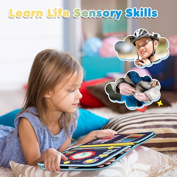 Satisure Toddler Busy Board, Busy Board Montessori Toy for 2 3 4 Year Old, Toddler Activity Book Travel Toys for Preschool Sensory Busy Activities Learning Busy Toy,Gift for Boys Girls Dinosaur