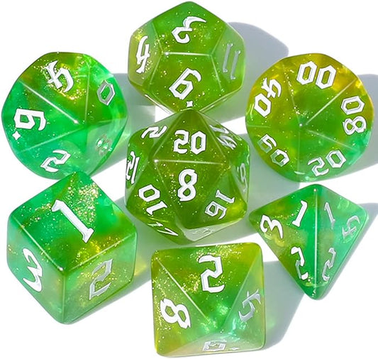 CiaraQ DND Polyhedral Dice Set for Dungeons and Dragons RPG MTG Role Playing Table Games-with 1 Dice Pouch (Green with Yellow + Glitter)