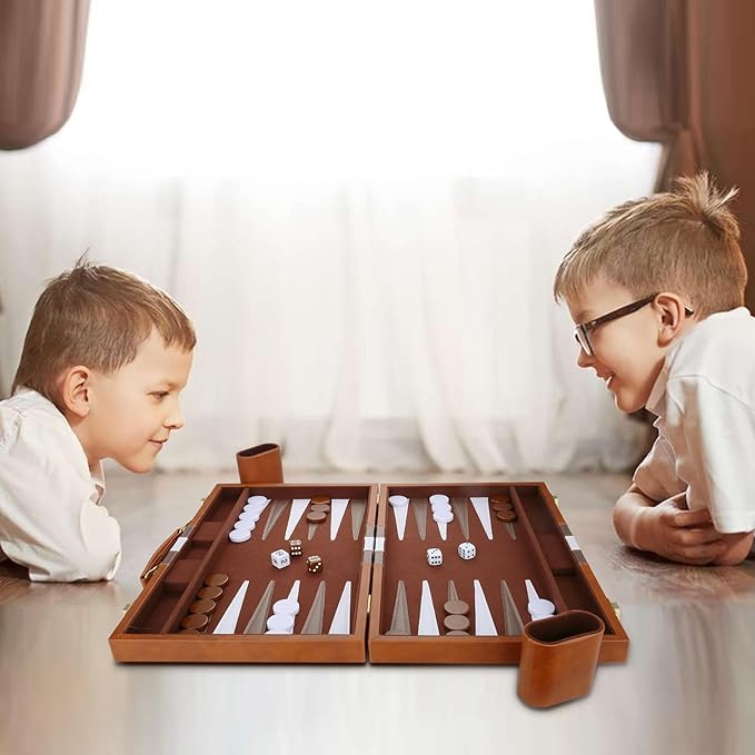 Backgammon Set - Classic Board Game with Premium Leather Case - Portable Travel Strategy Backgammon Game Set for Adults, Kids (18inch, Brown)