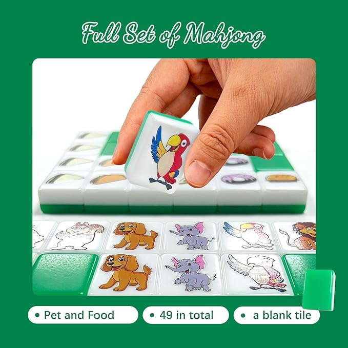 Seaside Escape Game Blocks, Mahjong Tile Game Sets with 49 Tiles 38mm Pet and Food Pattern with Grey Bag.