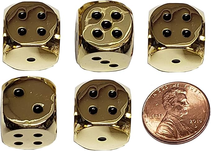 Cyber-Deals Set of (5) Solid Zinc Alloy Metal Polished Finish 16mm Dice, Rounded Corners with Black Velvet Cloth Pouch (Gold with Black Dots)