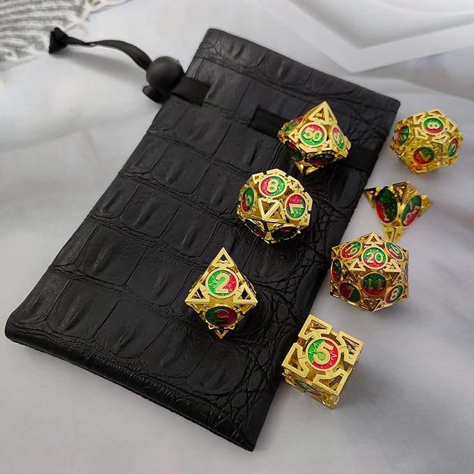 Metal DND Dice Set - D&D Dungeons & Dragons Polyhedron Metal Hollow Dice 7 Piece Set Board Game Cosplay Dice Accessories Gift MTG Pathfinder - Red & Green