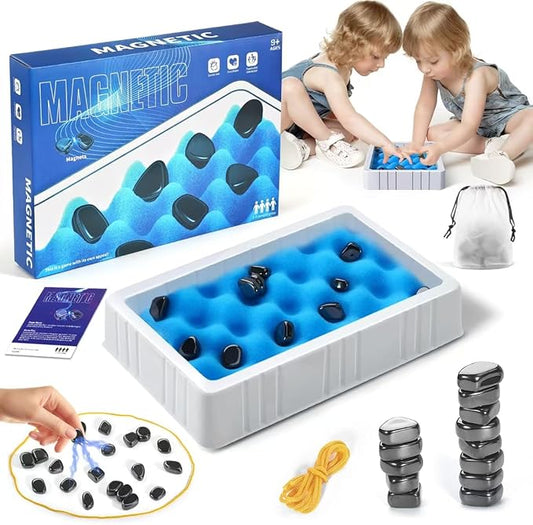 Magnetic Chess Game Set，Magnetic Stones Chess with String and Sponge Chessboard ，Strategy Puzzle Game with Rocks, Family Game Party Game for Kids and Adults