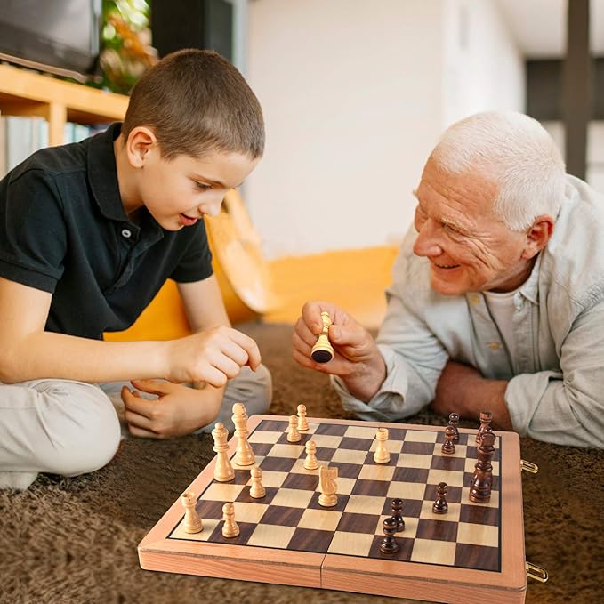 AMEROUS Magnetic Wooden Chess Set, 15 Inches Handmade Wooden Folding Travel Chess Board Game Sets with Chessmen Storage Slots for Kids and Adults, 2 Bonus Extra Queens, Gift Box Packed