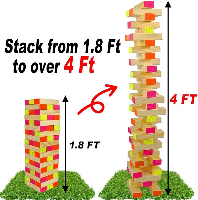 54 Piece Giant Tumble Tower Outdoor Games, Glow in The Blacklight Tumble Tower Yard Games,Outdoor Board Game for Kids and Adults for Family Game Night (Giant)