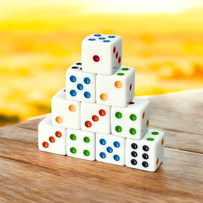 Luck Lab 10 Piece D6 Multicolor Pip Dice Pack - Acrylic 16mm Square Edge Standard Dice for RPG MTG DND Table Games and Board Games, Storage Bag Included (White Multicolor)