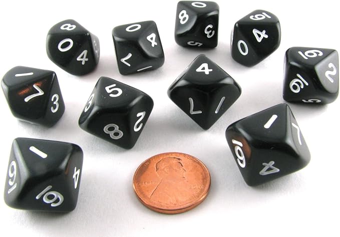 Koplow Games 10 Piece Set of 10-Sided D10 Polyhedral Dice - Black with White Numbers