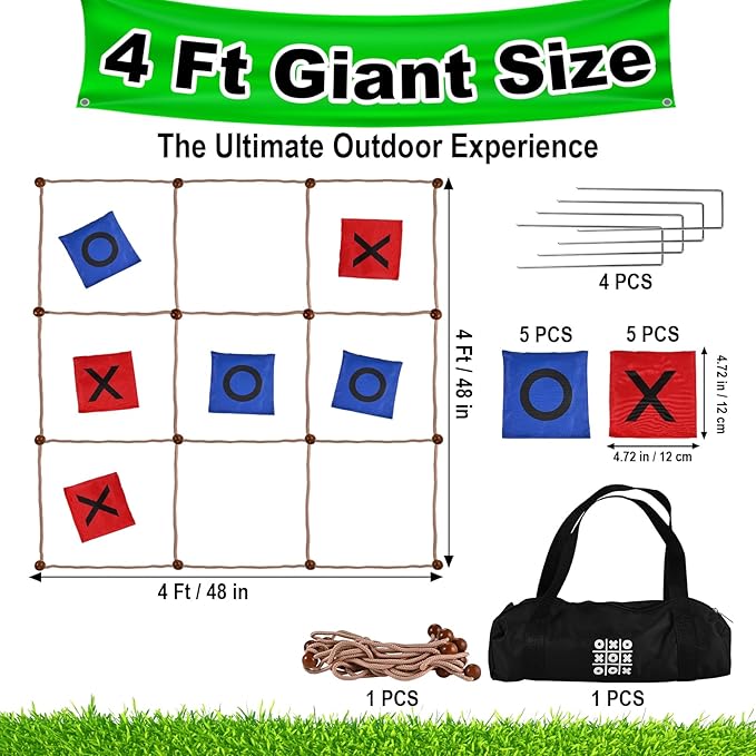 4 Ft x 4 Ft Giant Tic Tac Toe Game, Outdoor Backyard Yard Games Party for Kids Adults Family, Jumbo Bean Bag Toss Across Game for Backyard, Camping, Yard, Large Tic Tac Toe Lawn Field Day Games