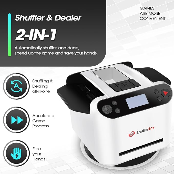 G1 Pro 2025 Version Automatic Card Shuffler and Dealer 2-in-1 for 12 Players, Ultra Quiet, Rechargeable, Remote Card Calling, for Board Games and Poker Games (White)