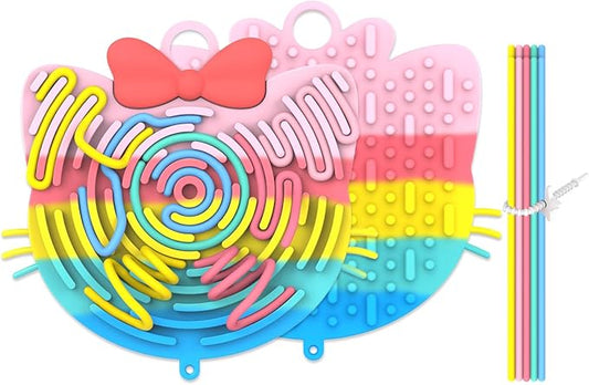 Silicone Sensory Activity Board,Double-Sided Busy Board for Fine Motor Skill,Fidget Toy for Calming, Stress, Anxiety, ADHD , Autism , Silent, No Mess , Kids 3+ & Adults(Cat,Colorful)