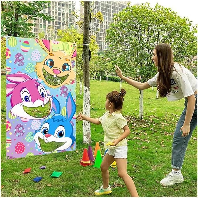 Easter Games, Funny Bunny Toss Game, with 4 Bean Bags, Premium Banner and Accessories, Easter Party Games for Kids Adults Family Outdoor, Party Activities Supplies