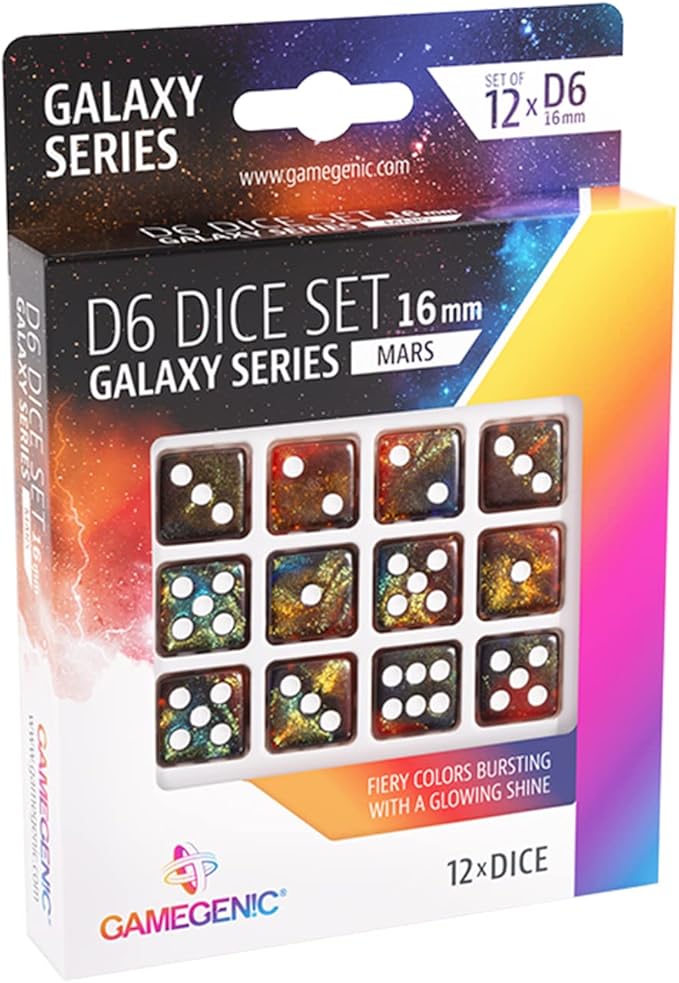Galaxy Series Mars D6 Dice Set | Set of 12 Six-Sided Dice | Premium Quality Resin Dice for Dice Games, Board Games and Card Games | Cosmic Glittering Design | Red and Blue Color | Made by Gamegenic
