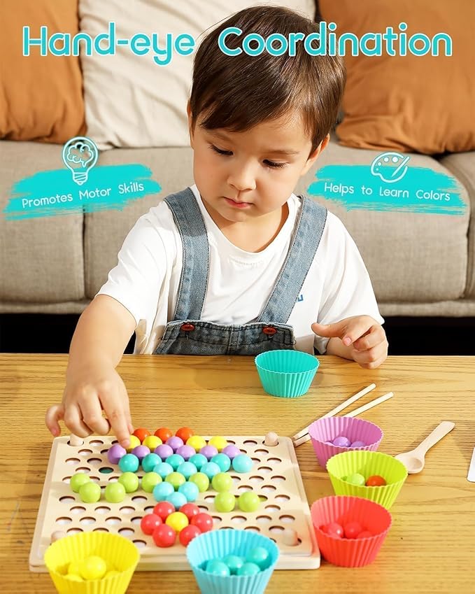 Toddler Montessori Rainbow Beads Learning Toys, Early Educational Preschool Toy-Wooden Peg Board Games and Puzzles for Kids,Stacking Counting Color Sorting Games, Great Gift for 3 4 5 Years Old