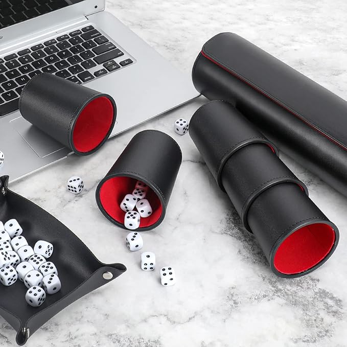 2 Set Leather Dice Cup Set, 10x Dice Cups + 50 Dice + Exclusive Storage and Transport Case Made of Faux (2 Pack Red)